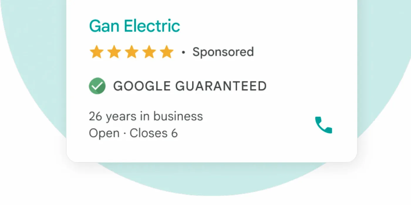 Example Local Services Ads result card showing star rating, sponsored label, and a Google Guaranteed style trust marker.