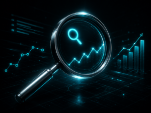 A glass magnifying glass over a glowing turquoise trend line and rising bar chart on a dark grid.