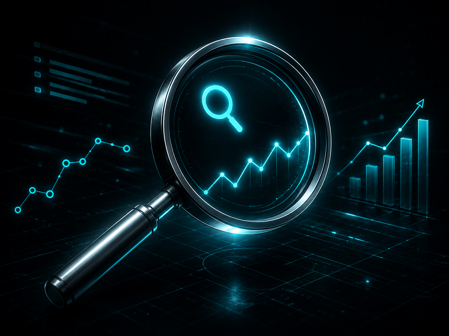 A glass magnifying glass over a glowing turquoise trend line and rising bar chart on a dark grid.