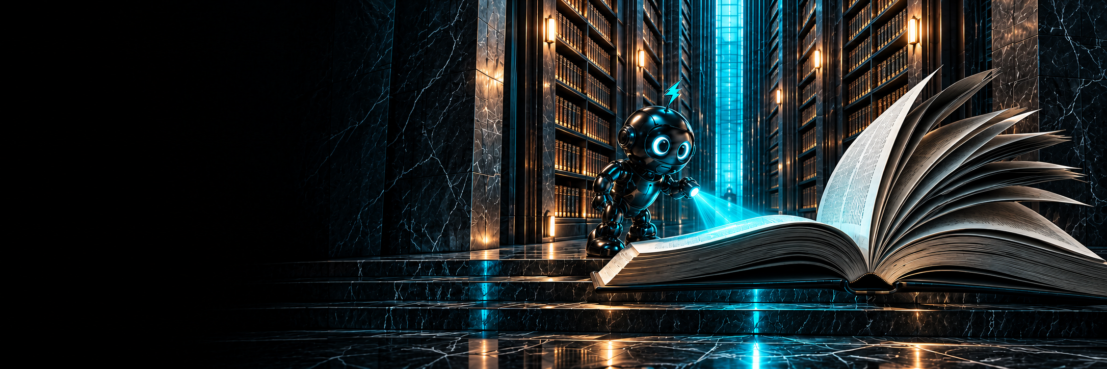 A large open book on a dark floor beside a lit staircase, with the BuzzBoost robot mascot standing at the top in a turquoise doorway