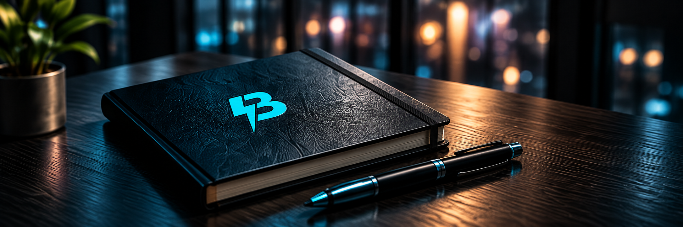 A closed black notebook embossed with the BuzzBoost mark, resting on a dark wooden desk beside a pen