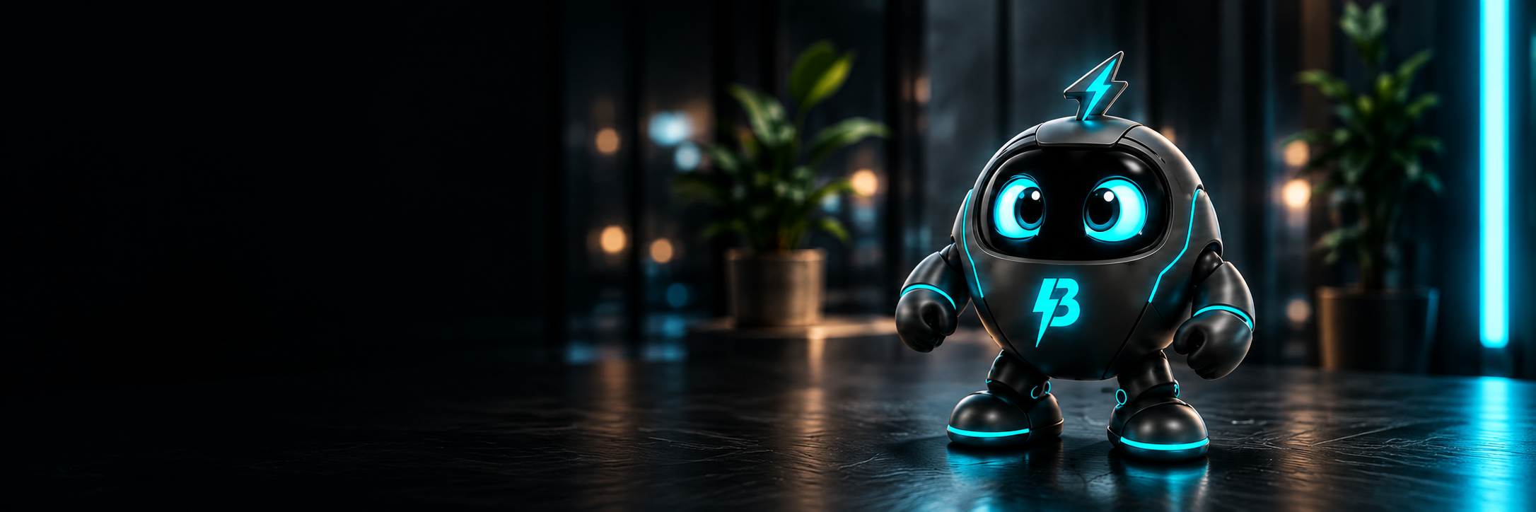The BuzzBoost robot mascot standing in a dark room lit in turquoise