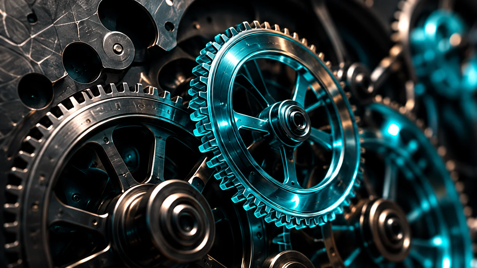 Interlocking machined gears in dark steel, with one large gear lit in turquoise as it drives the others.