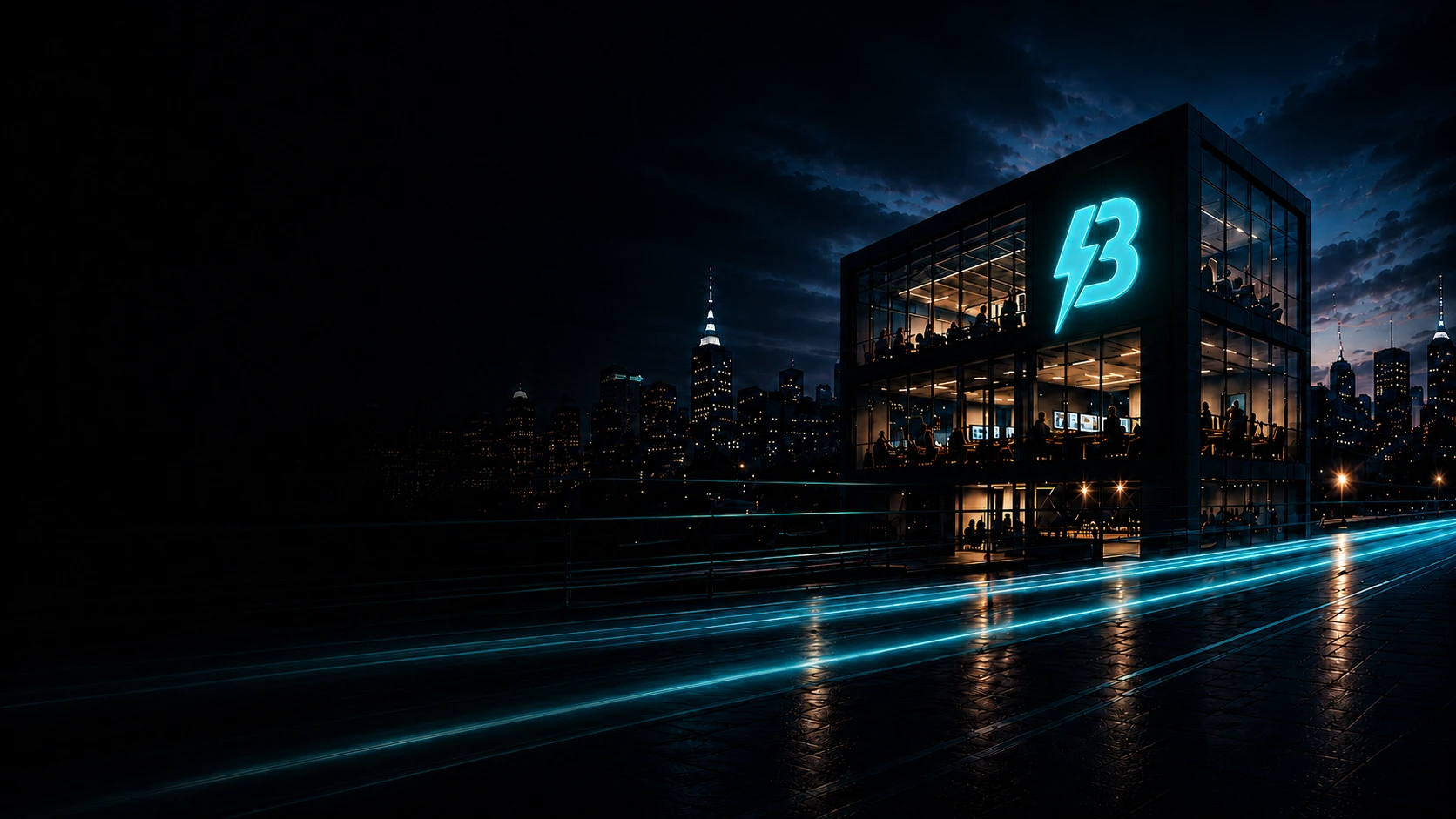 The BuzzBoost robot mascot waving in a dark lobby beside an illuminated turquoise doorway