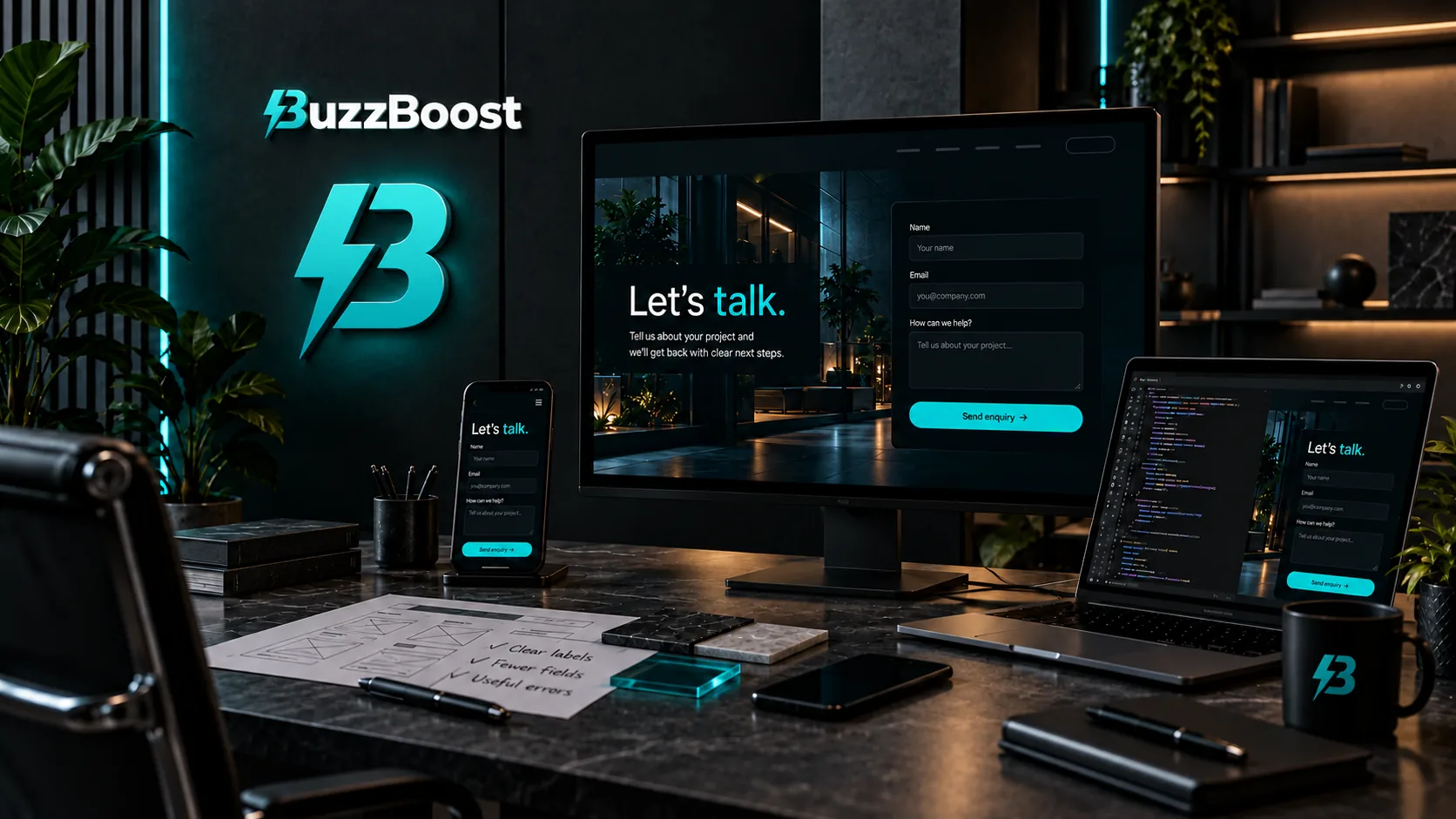A dark BuzzBoost studio desk with a short enquiry form open on a monitor, phone and laptop, each showing name, email and message fields and a turquoise Send enquiry button.