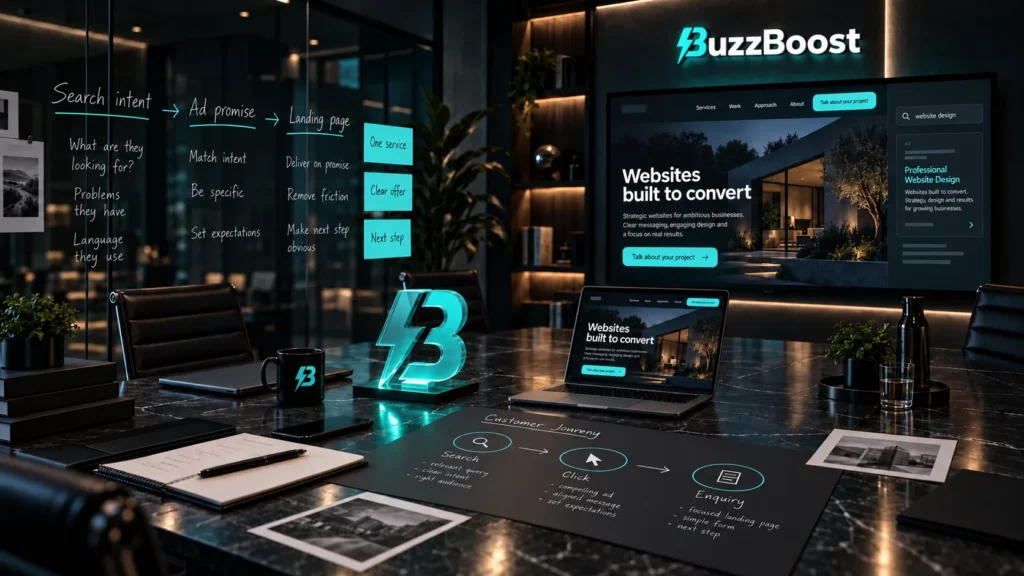 A meeting room with notes linking search intent, ad promise and landing page, a matching landing page on the wall screen and laptop, and a glass BuzzBoost mark on the table.