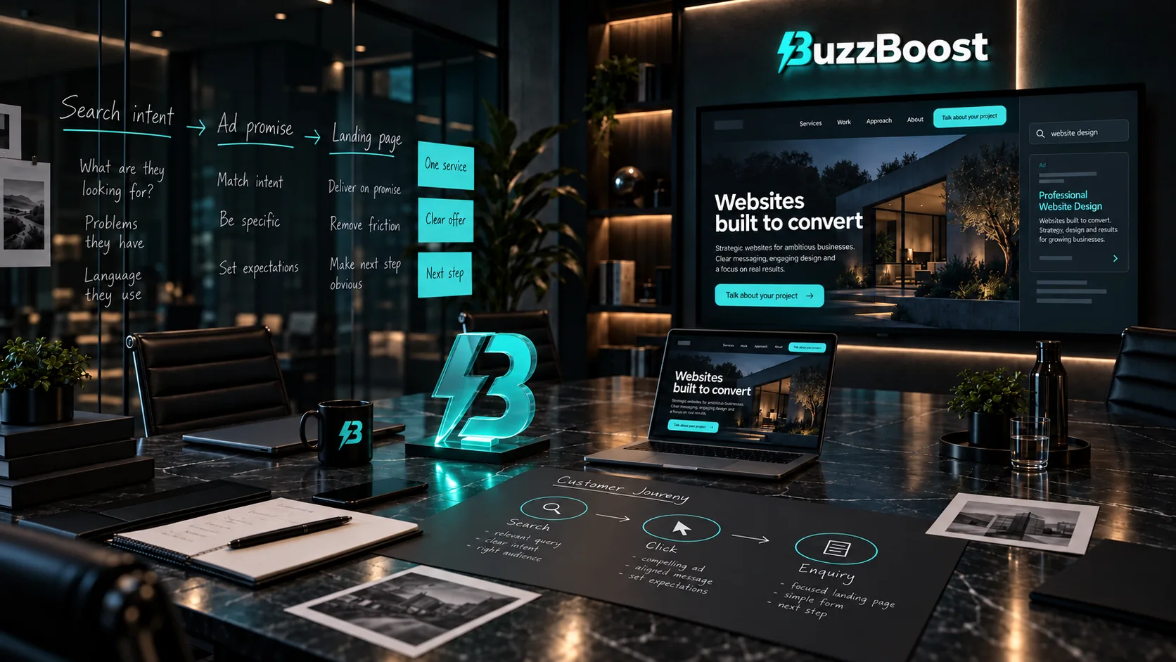A meeting room with notes linking search intent, ad promise and landing page, a matching landing page on the wall screen and laptop, and a glass BuzzBoost mark on the table.