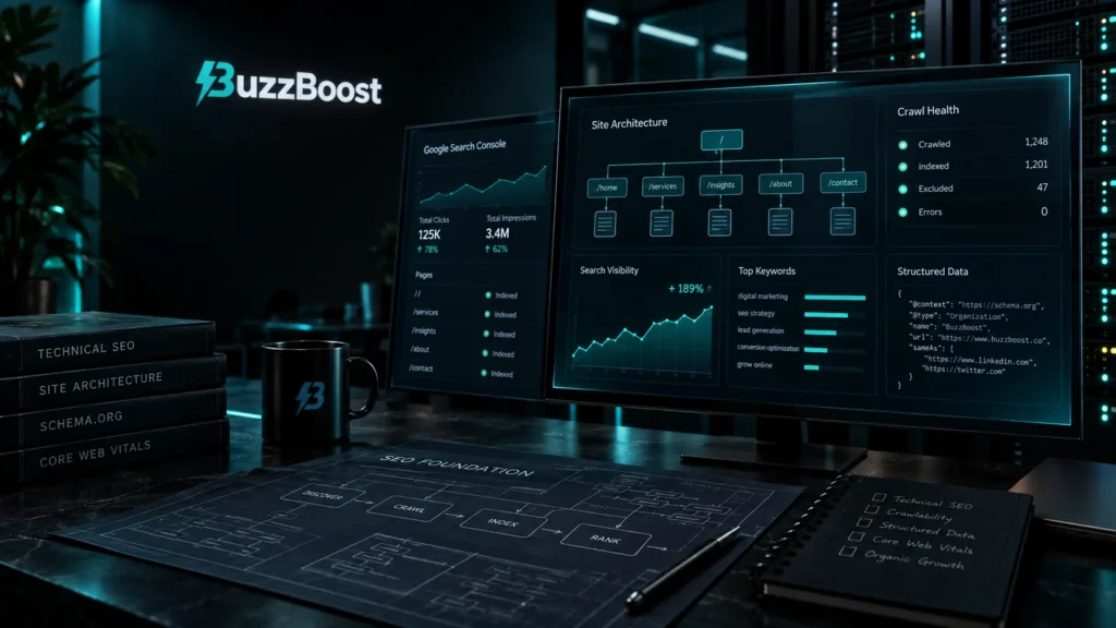 BuzzBoost technical SEO workspace showing site architecture, crawl health, search visibility and structured data dashboards.