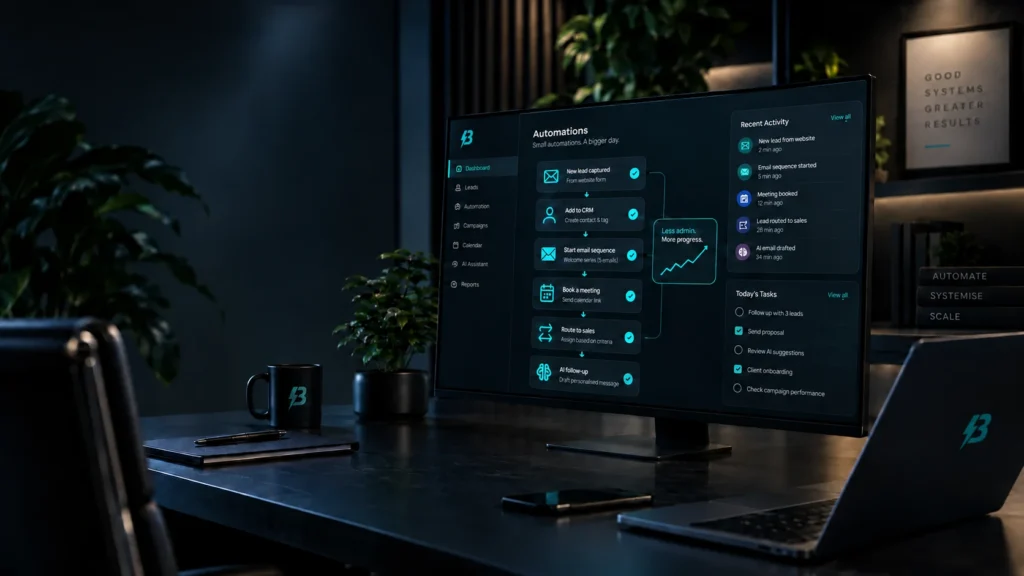 BuzzBoost automation dashboard showing lead capture, CRM updates, email follow-up, booking and sales routing workflows.