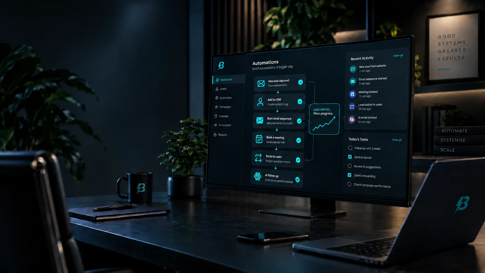 BuzzBoost automation dashboard showing lead capture, CRM updates, email follow-up, booking and sales routing workflows.