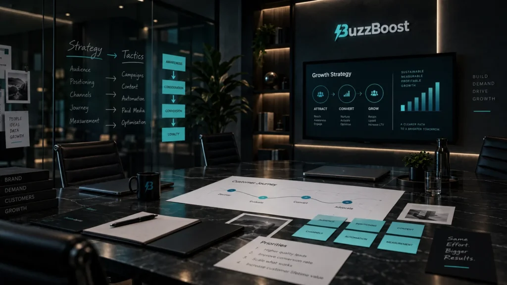 BuzzBoost strategy workspace mapping audience, positioning, channels, customer journey and growth priorities before execution.