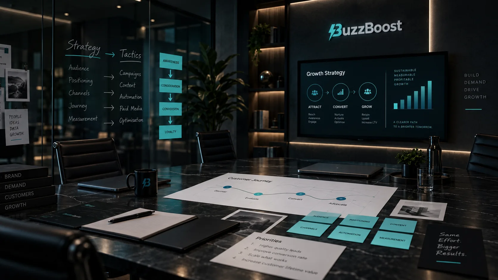 BuzzBoost strategy workspace mapping audience, positioning, channels, customer journey and growth priorities before execution.