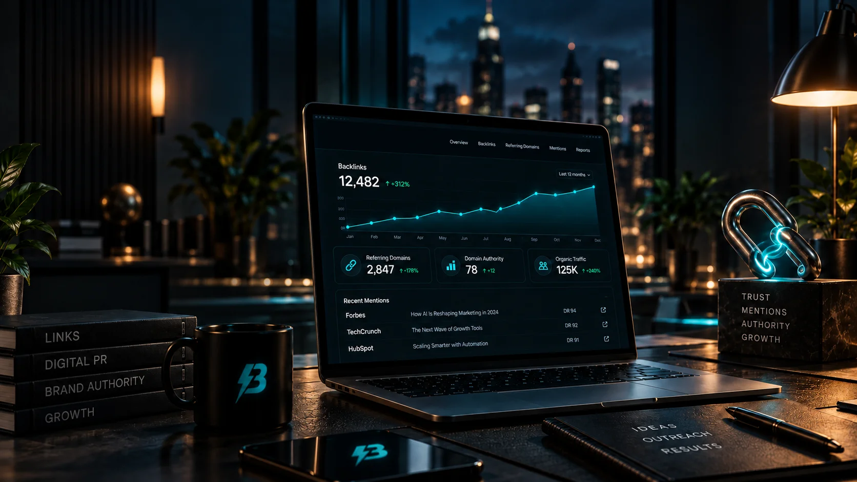 Laptop showing organic search growth charts on a desk overlooking a city at night.
