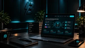 Laptop showing an AI-powered marketing workflow dashboard on a dark BuzzBoost desk.