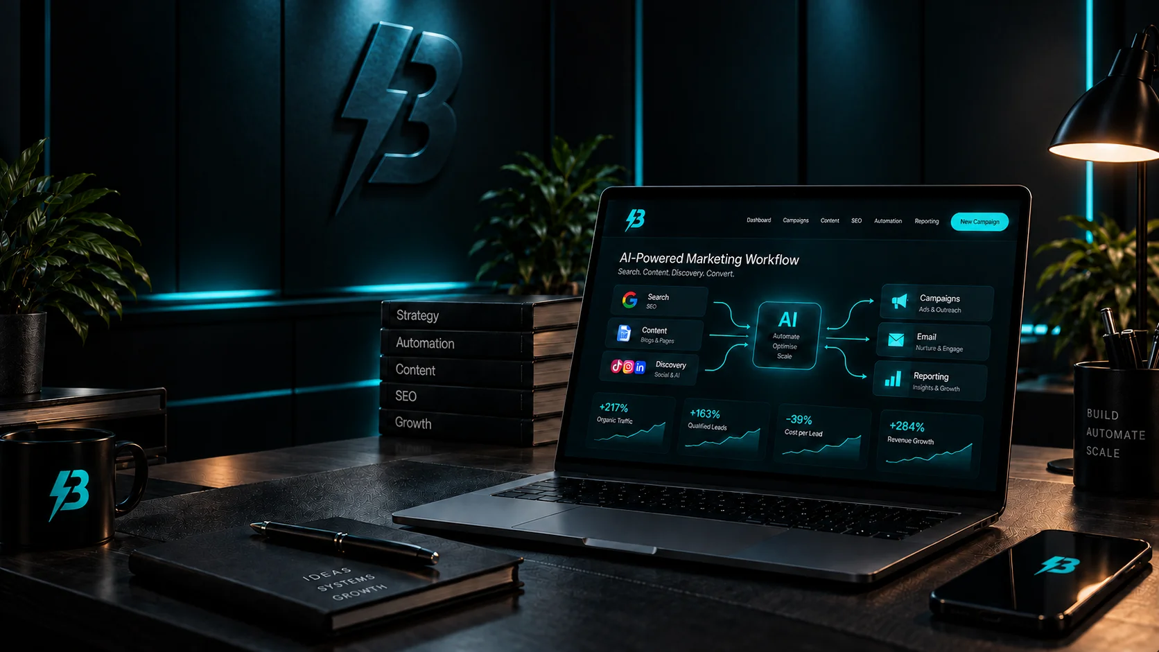 Laptop showing an AI-powered marketing workflow dashboard on a dark BuzzBoost desk.