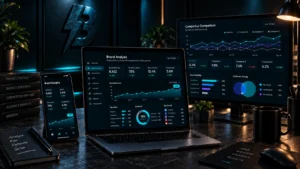 Analytics dashboards comparing brand and competitor performance across a monitor, laptop and phone.