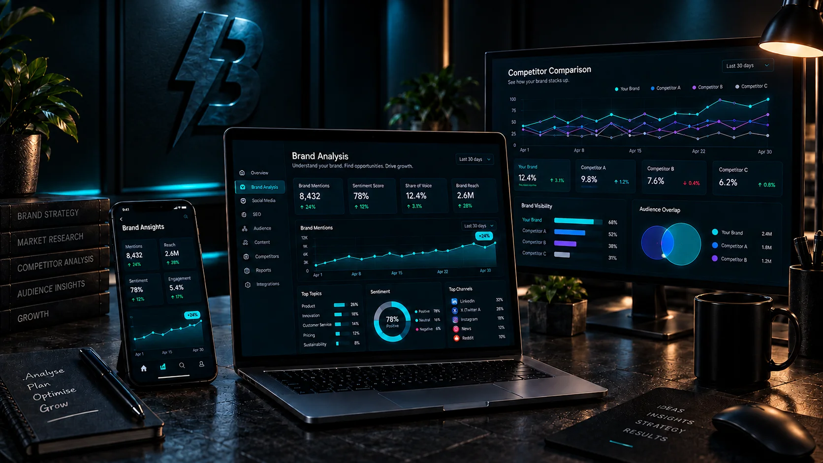 Analytics dashboards comparing brand and competitor performance across a monitor, laptop and phone.