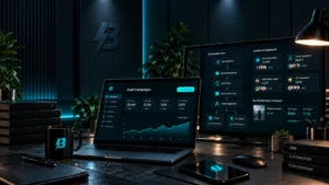 Email campaign and CRM audience dashboards on a laptop and monitor in a dark BuzzBoost office.