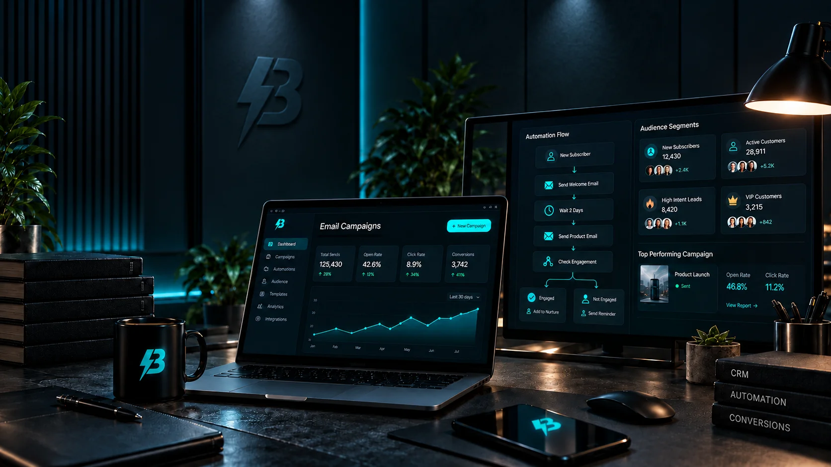 Email campaign and CRM audience dashboards on a laptop and monitor in a dark BuzzBoost office.