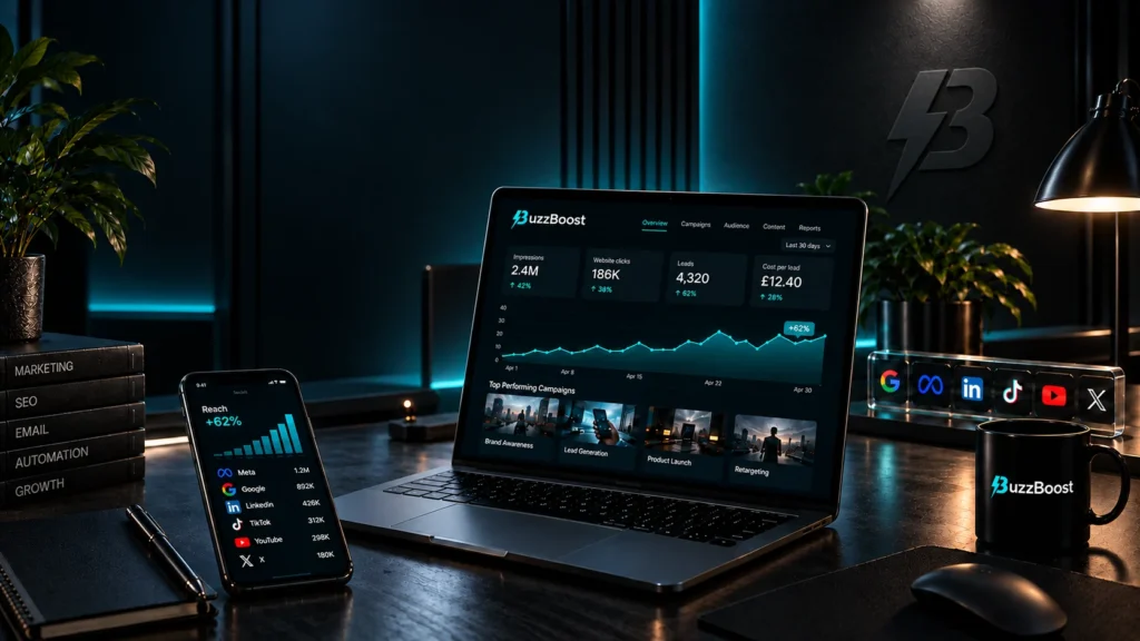 Paid media performance dashboard on a laptop and phone, beside icons for Google, Meta, LinkedIn, TikTok, YouTube and X.