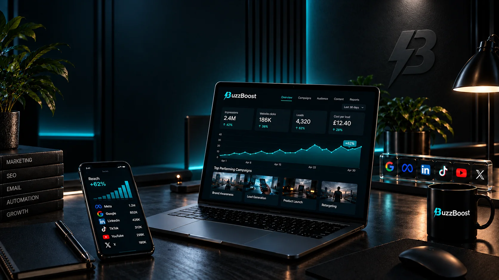 Paid media performance dashboard on a laptop and phone, beside icons for Google, Meta, LinkedIn, TikTok, YouTube and X.