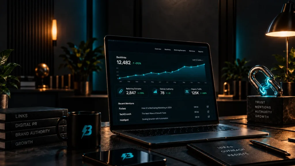 Laptop showing organic search visibility charts beside a lit padlock and chain representing authority and trust.