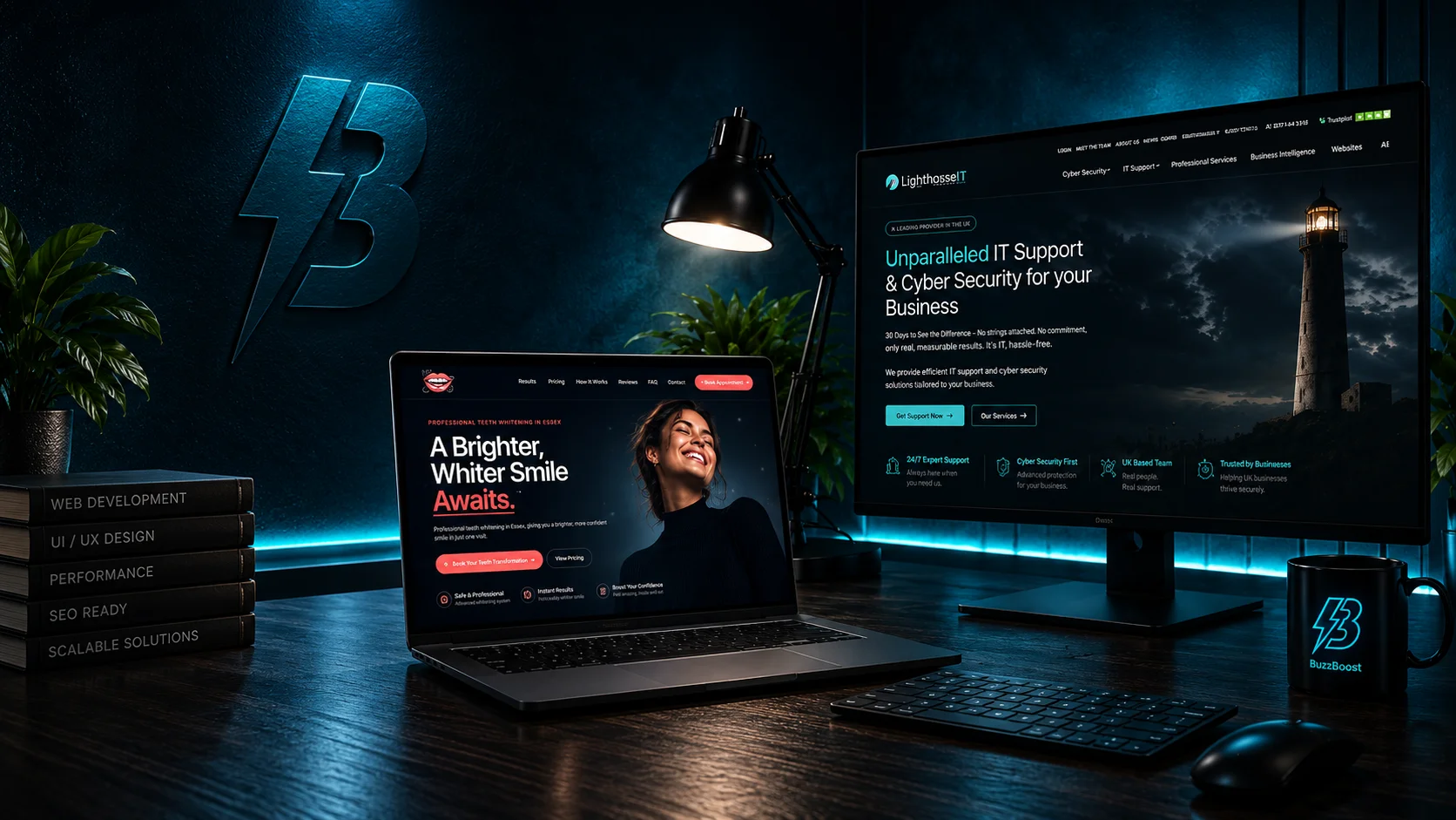 Night-time BuzzBoost studio desk with a laptop and large monitor displaying client website designs.