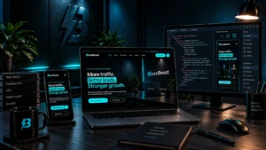 BuzzBoost development workspace with code on a monitor and a responsive website shown on a laptop and phone.