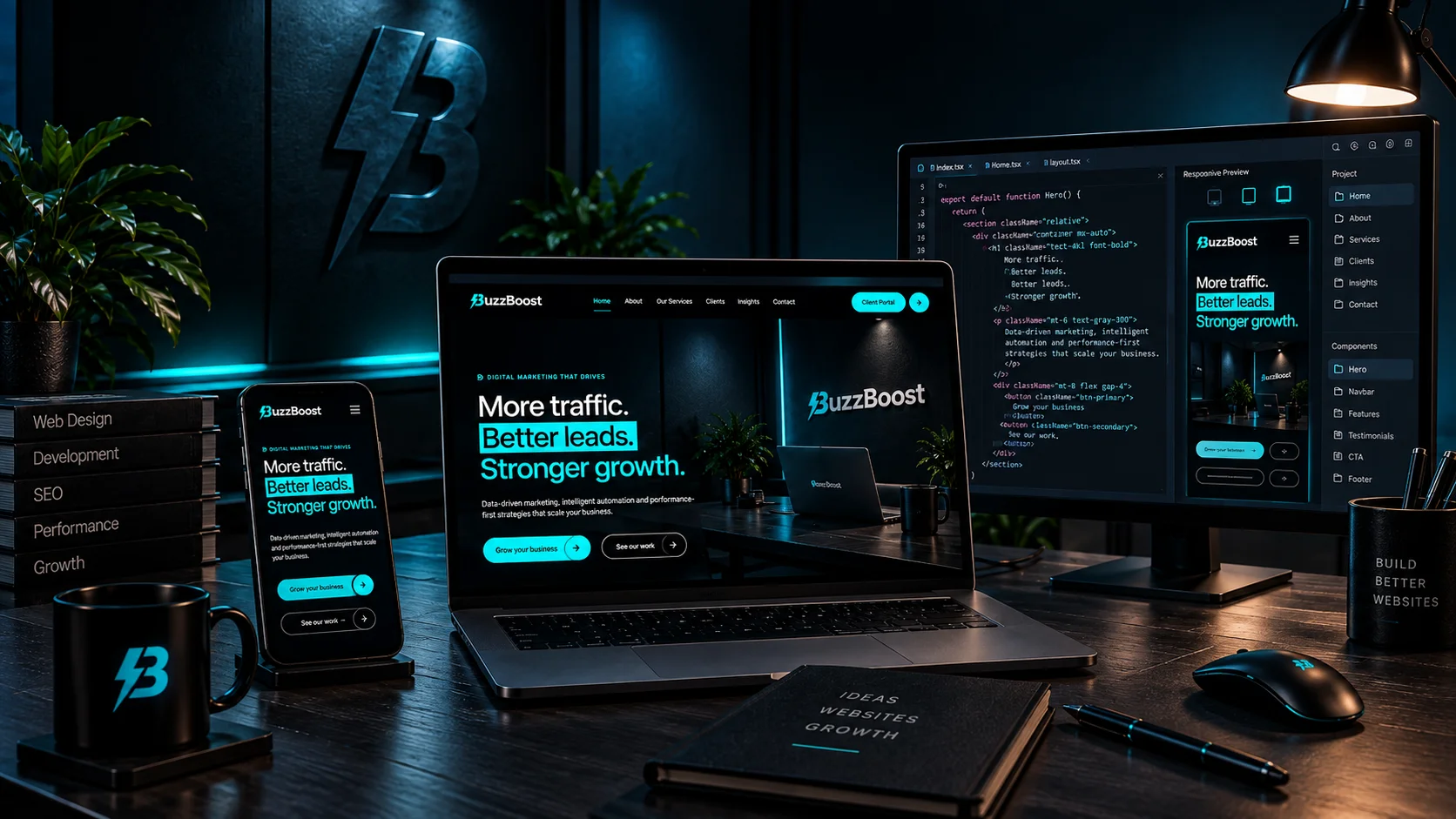 BuzzBoost development workspace with code on a monitor and a responsive website shown on a laptop and phone.