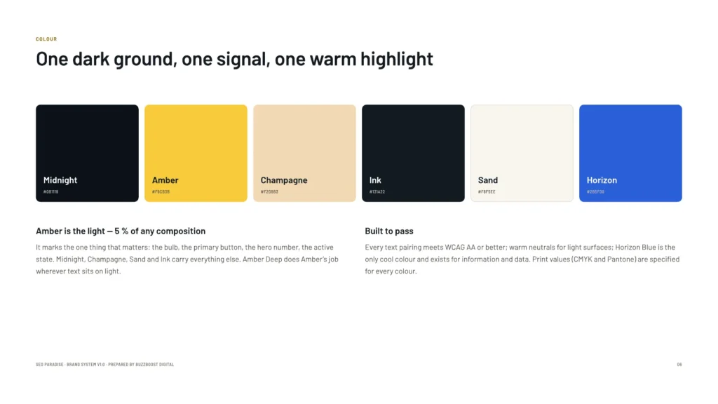 One dark ground, one signal, one warm highlight.