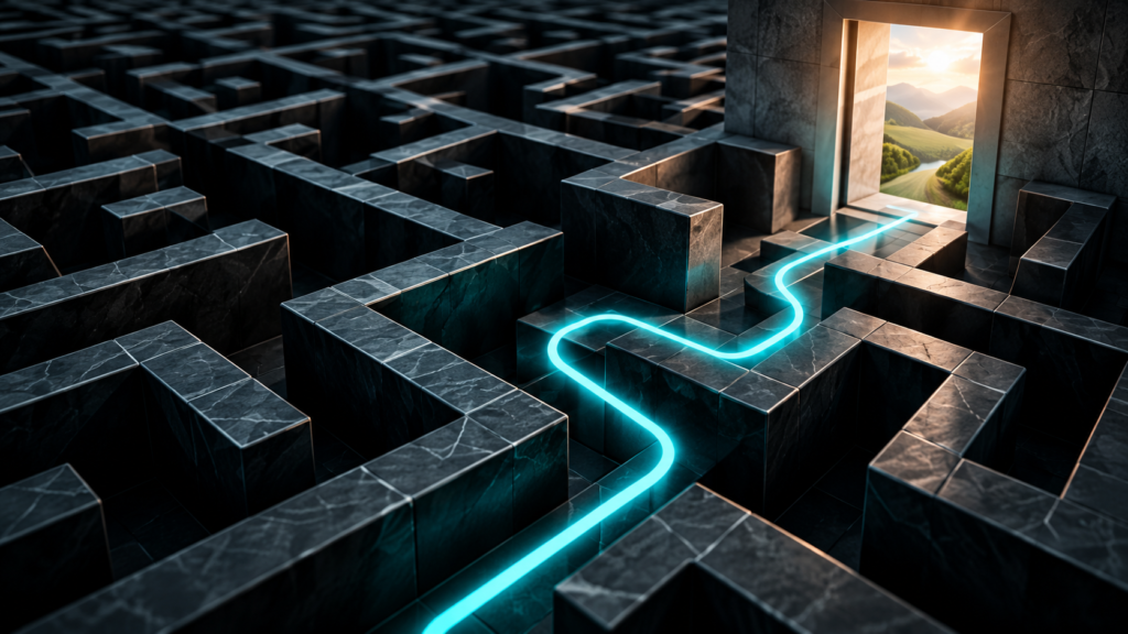 A dark maze seen from above, with a single illuminated turquoise path running through it to a doorway opening onto daylight.