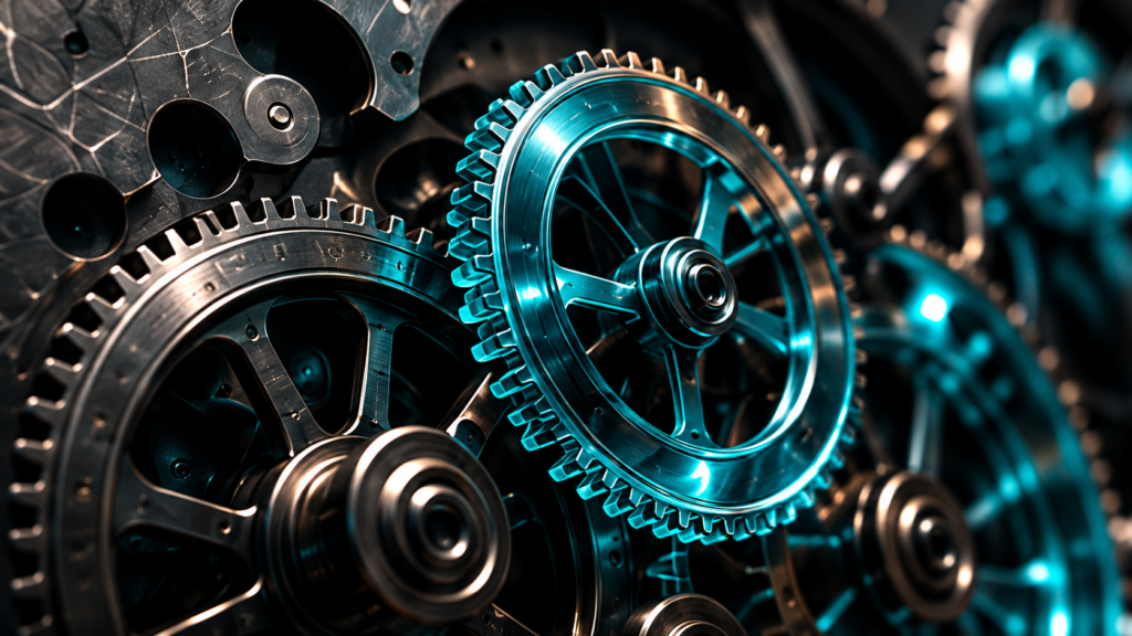 Interlocking machined gears in dark steel, with one large gear lit in turquoise as it drives the others.