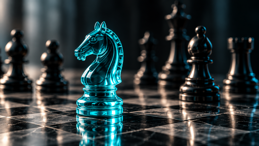 A turquoise glass chess knight in sharp focus on a dark board, with the other pieces behind it out of focus.