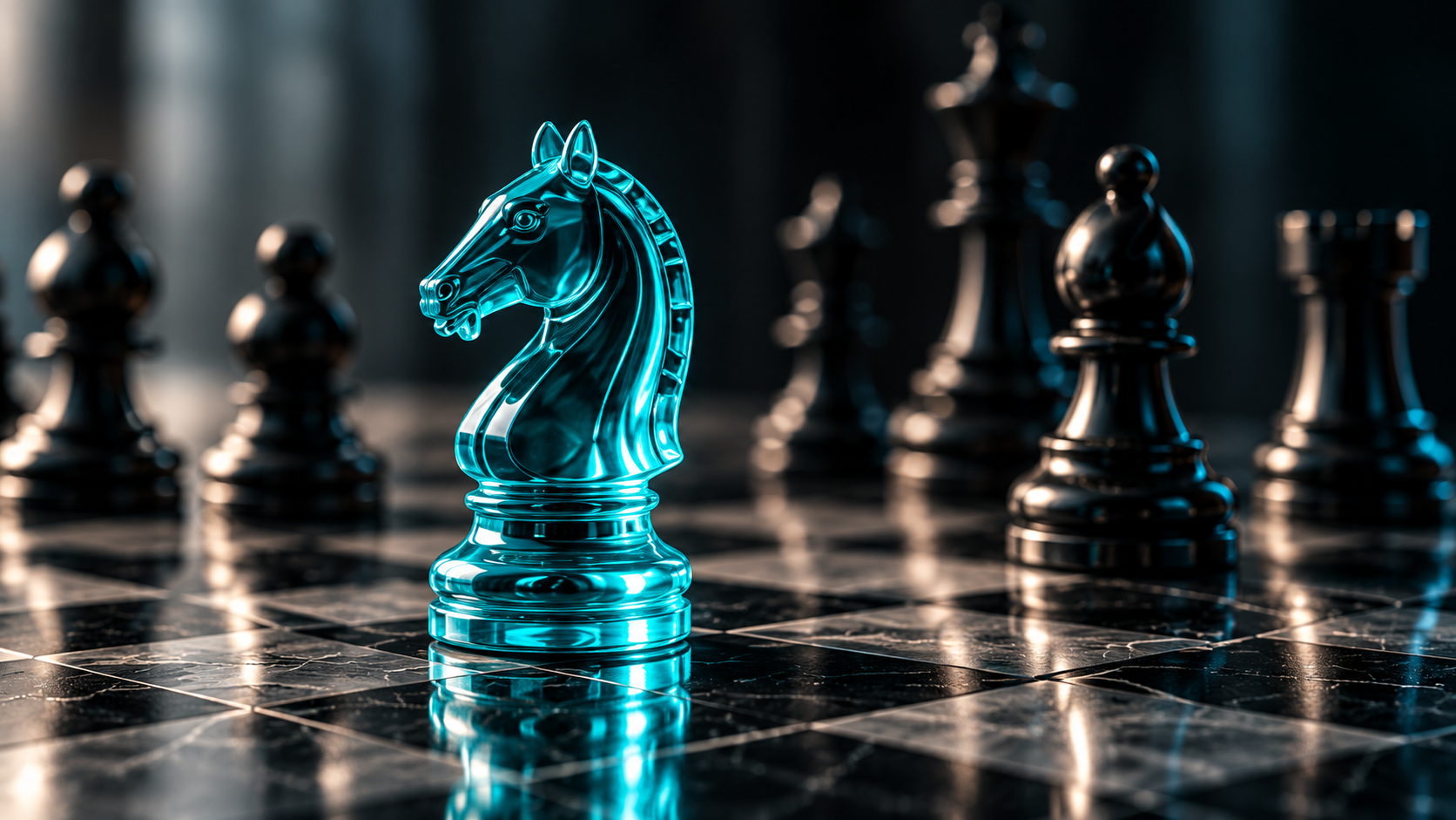 A turquoise glass chess knight in sharp focus on a dark board, with the other pieces behind it out of focus.