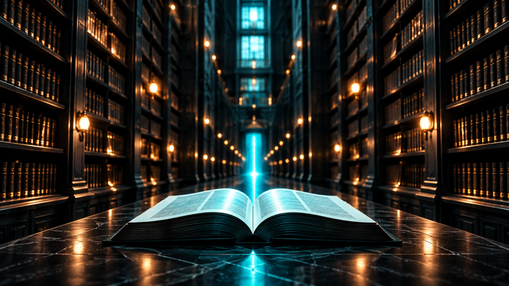 A large open book on a dark polished table in a library hall, with a column of turquoise light rising from its pages between tall shelves.