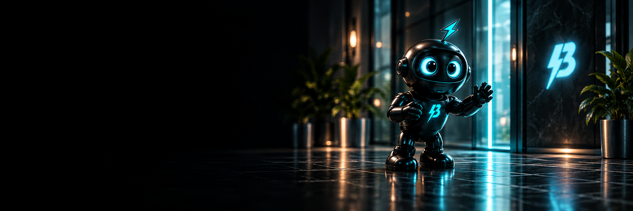 The BuzzBoost robot mascot waving in a dark lobby beside an illuminated turquoise doorway
