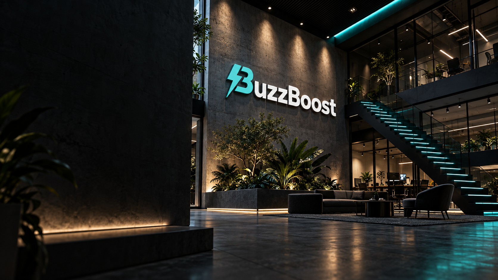 The BuzzBoost lightning B mark glowing in turquoise on a dark lounge wall.