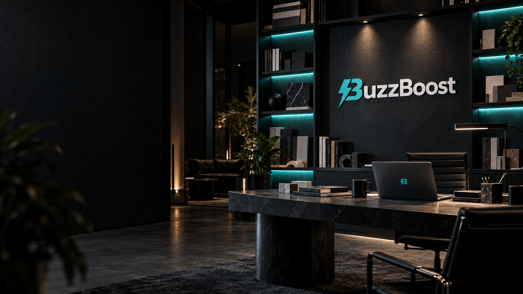 BuzzBoost meeting room at night with the illuminated BuzzBoost mark on the wall