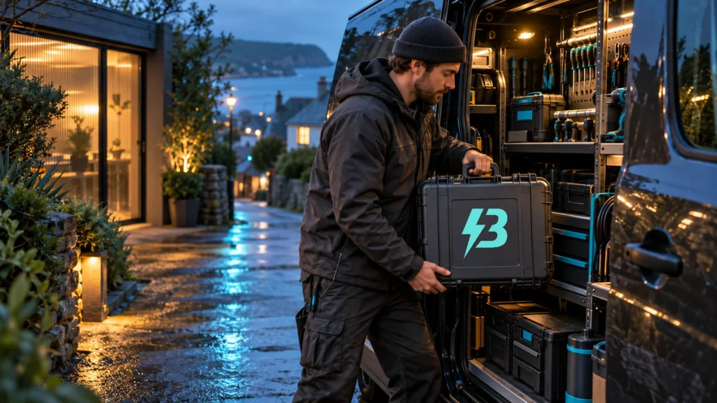 A mobile repair technician loads a BuzzBoost-marked tool case into an equipped service van beside a secluded workshop at blue hour.