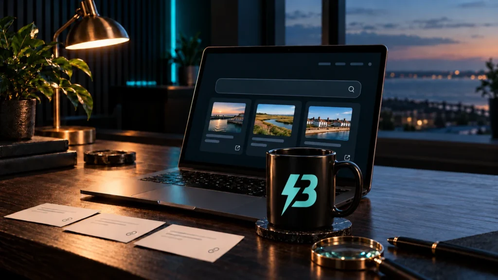 A graphite studio desk with a laptop showing search and source cards, a black mug printed with the BuzzBoost mark, and a coastal dusk window.