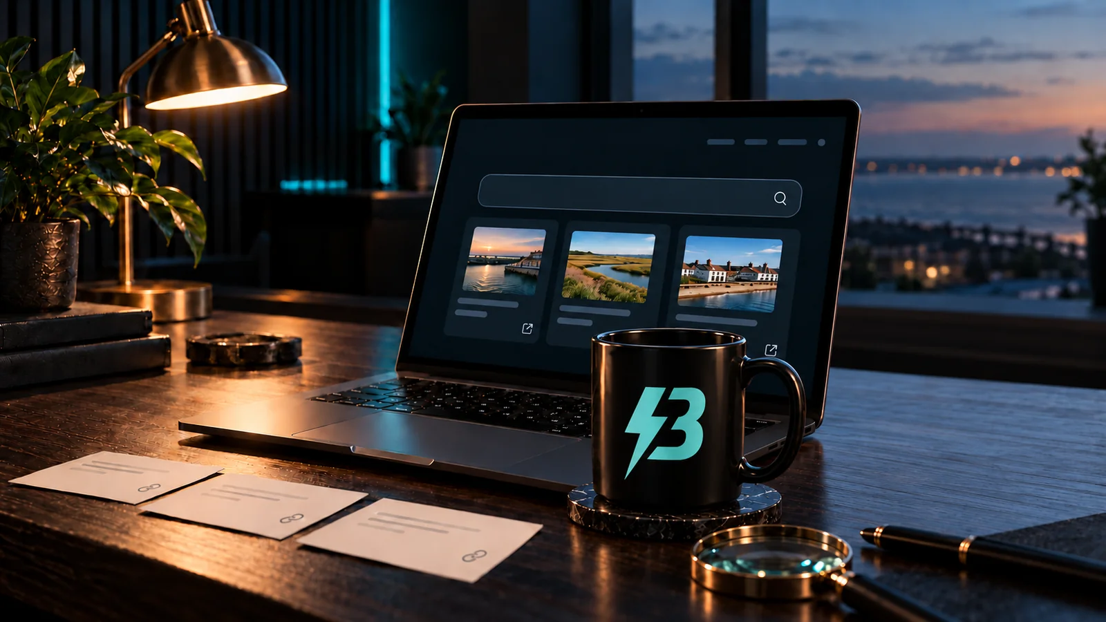 A graphite studio desk with a laptop showing search and source cards, a black mug printed with the BuzzBoost mark, and a coastal dusk window.