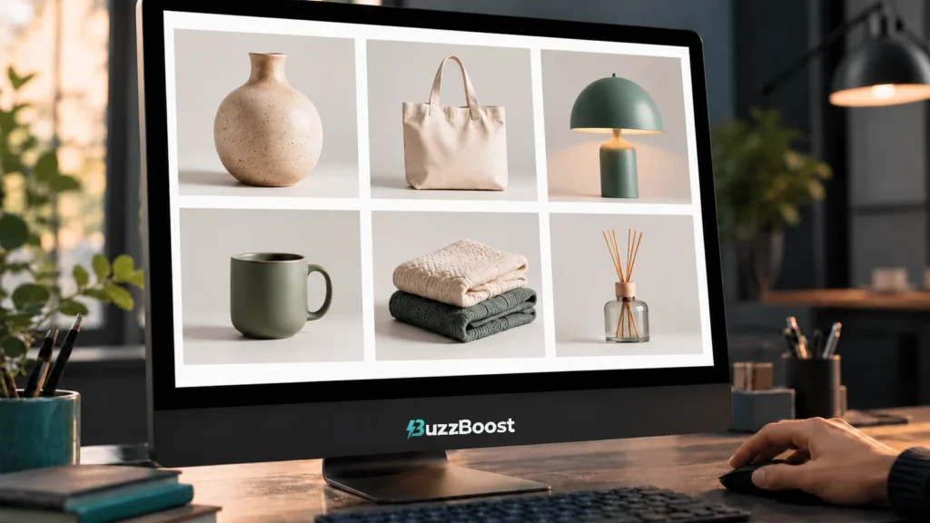 Six product photographs arranged as a contact sheet on a desktop monitor, with a hand on a mouse and the official BuzzBoost wordmark printed on the lower bezel.