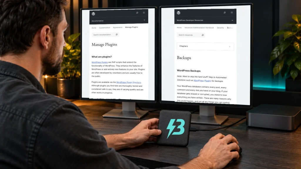 A developer holds a connected backup drive bearing a small BuzzBoost mark while reviewing genuine WordPress plugin-management and backup documentation excerpts on two monitors.