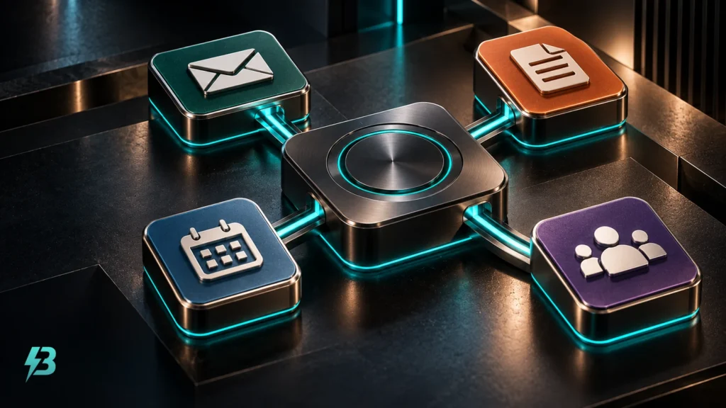 A graphite hub connects through turquoise tracks to four ceramic modules bearing email, document, calendar and CRM symbols.