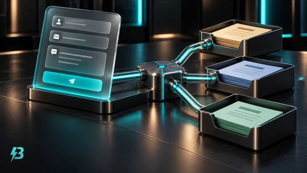 A frosted-glass form panel connects to a three-way metal junction ending in separate dark document trays.