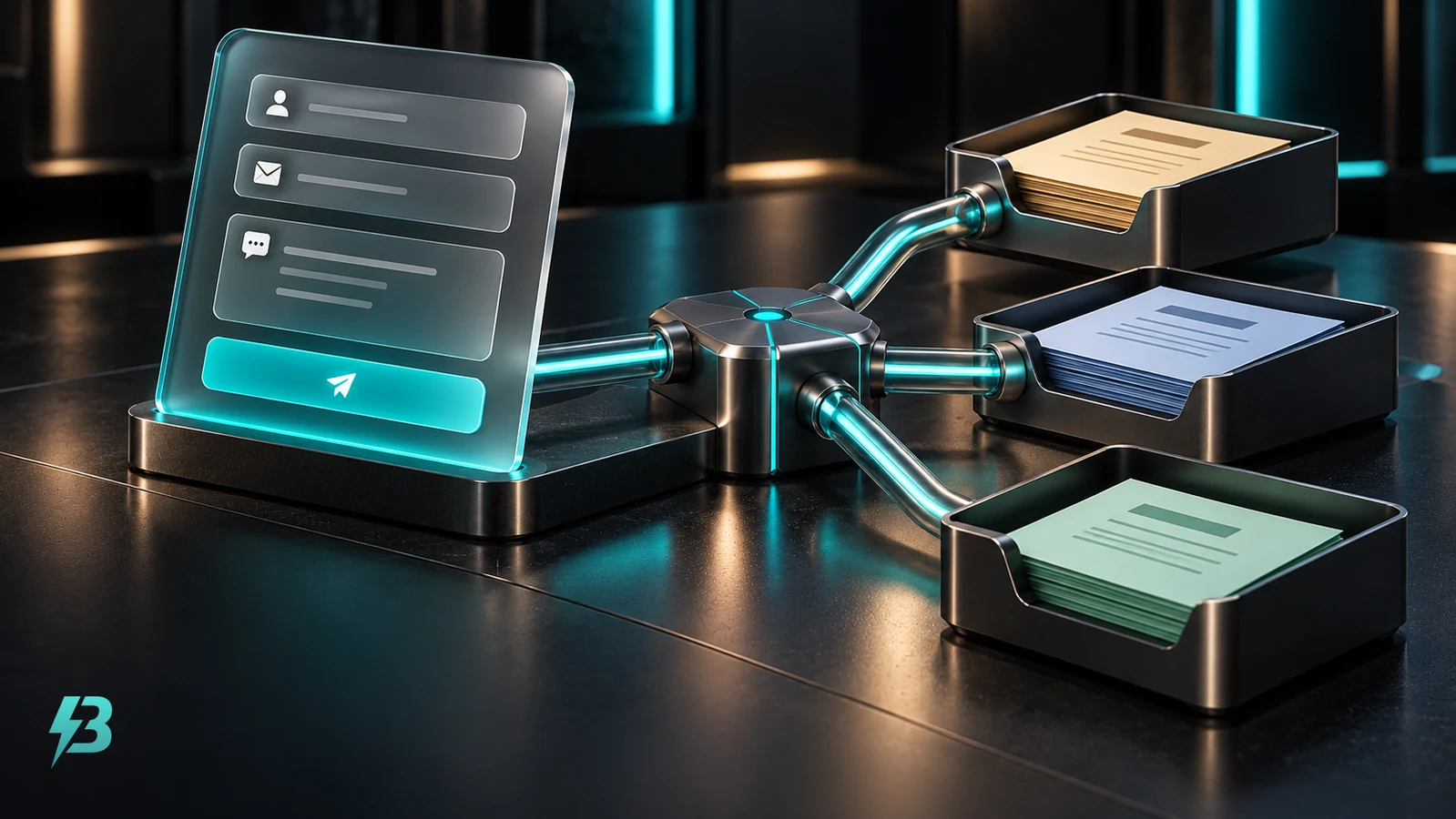 A frosted-glass form panel connects to a three-way metal junction ending in separate dark document trays.