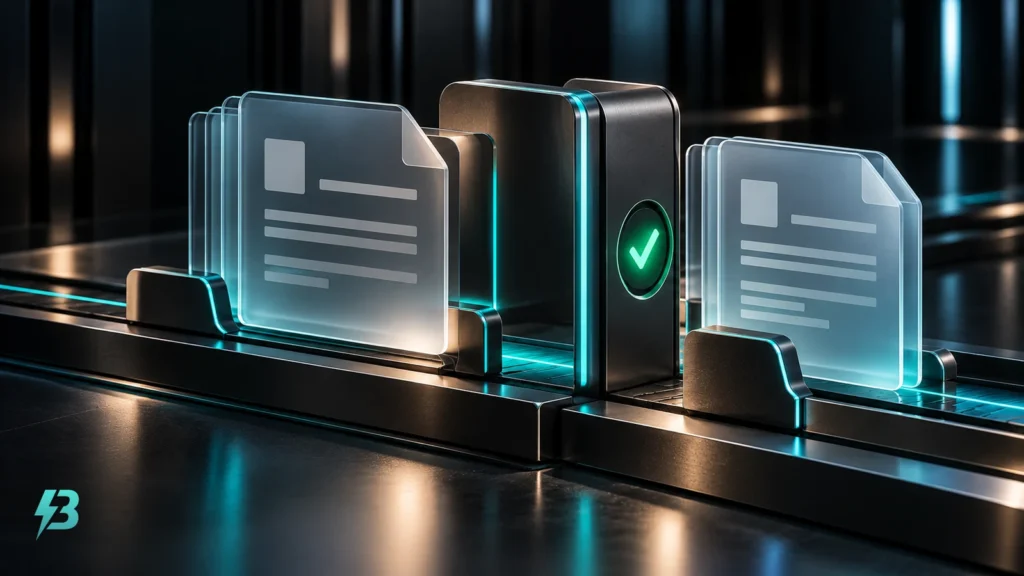 Translucent document cards flank a graphite processing gate on a shared rail, with a glowing green check indicator; the official turquoise BuzzBoost monogram is printed at the lower left.