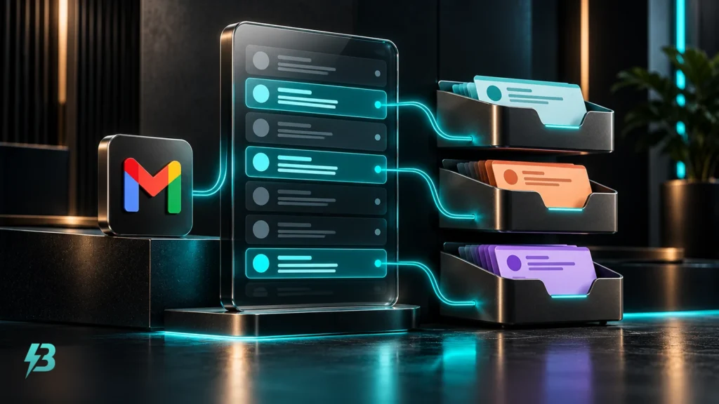 Upright dark glass panel with message strips, three turquoise tracks leading into graphite trays, and a small multicolour Gmail badge.