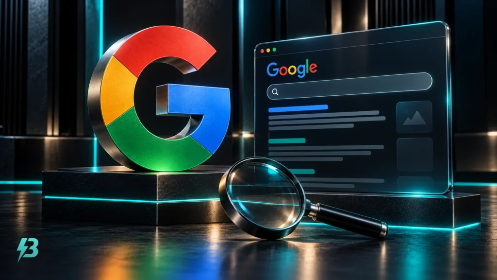 Multicolour Google G sculpture beside a dark glass panel with horizontal result strips and a magnifying lens in front.