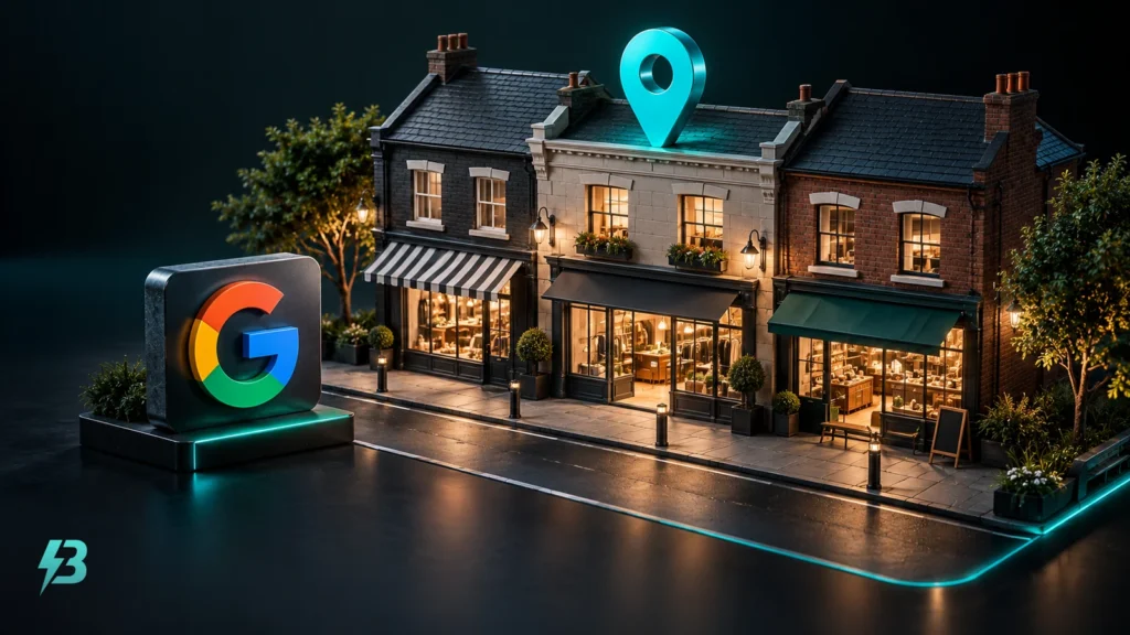 Graphite model of three shopfronts with a turquoise map pin and a separate Google G badge.